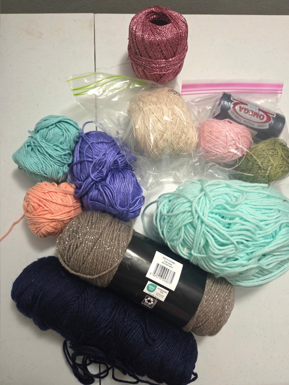 Assorted Used Yarn Lot with Aqua, Navy, Lavender, Peach & Pink